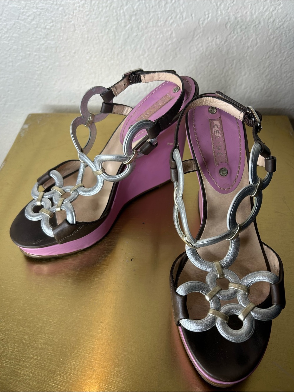 Celine Brown Platform Sandals with Silver Rings and Pink Trim